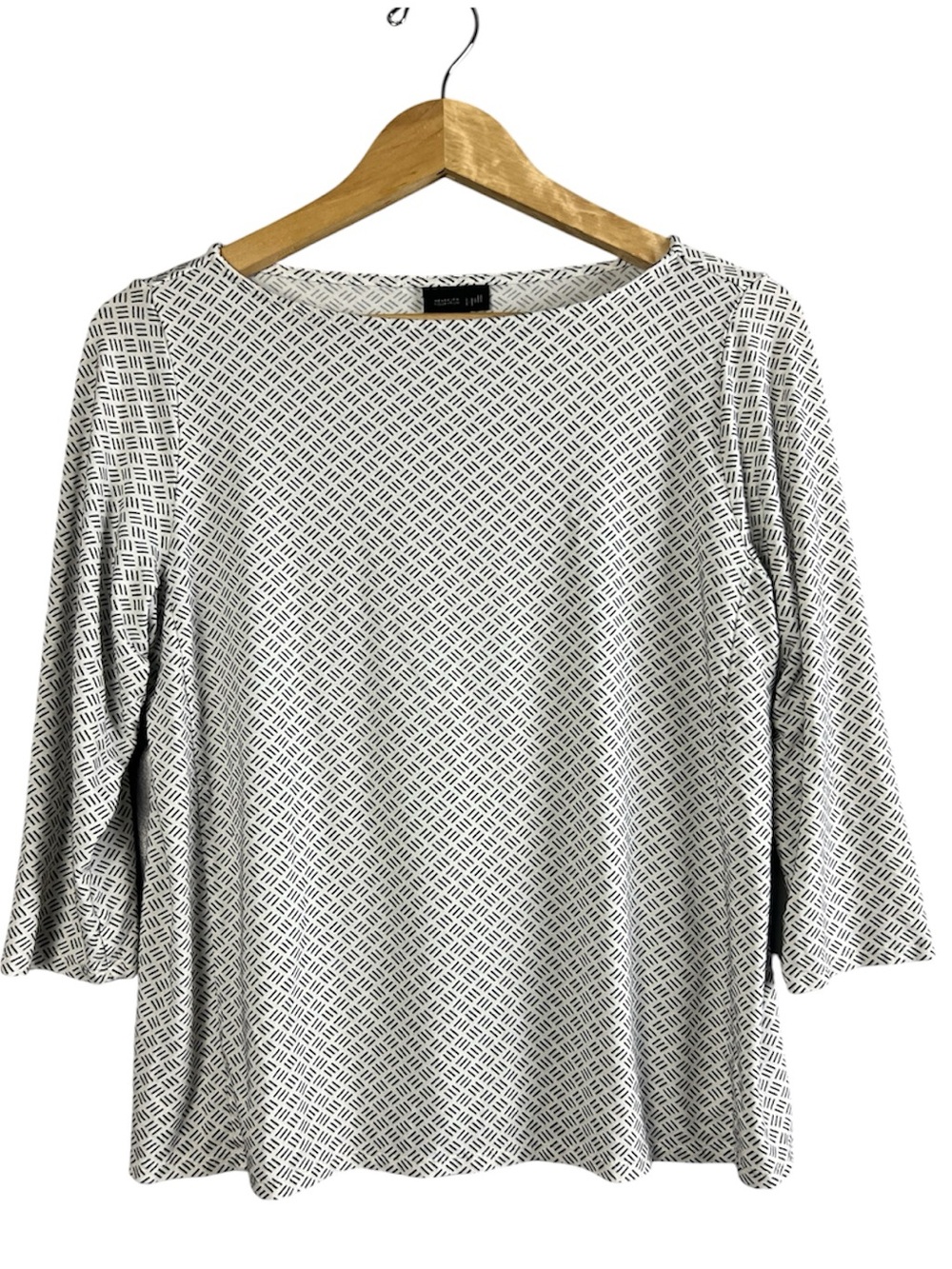 J. Jill Wearever Geometric Print Boatneck Top 3/4 Sleeve Black White Size MP